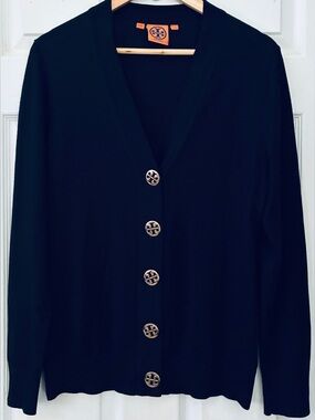 Tory Burch Black V-Neck Cardigan with Gold Logo Buttons